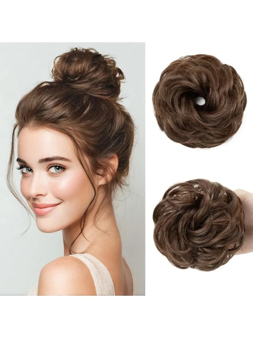 Small Curly Messy Bun Hair Pieces for Thin Hair - 2PC Mini Scrunchies Updo